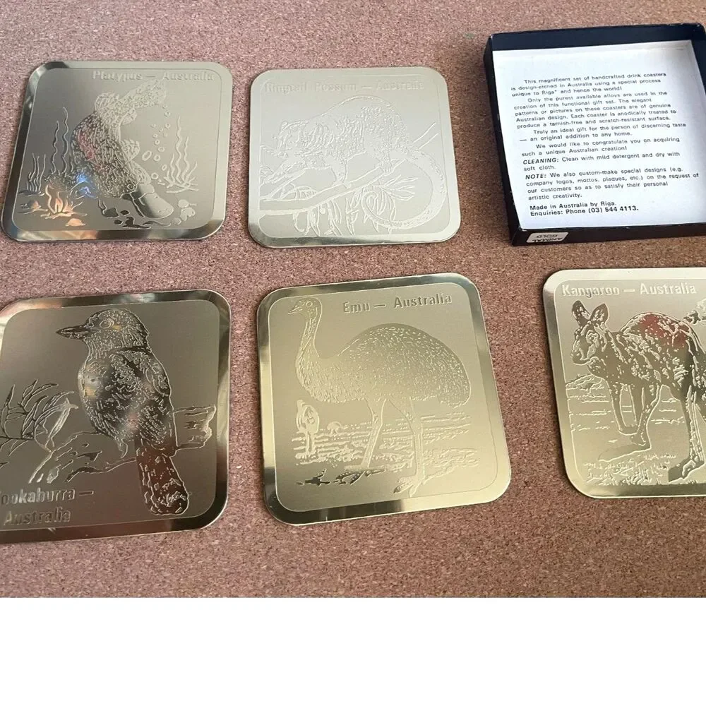 Vintage Australian Riga Gold Etched Coasters Animal Drinking Paul Stephan-Daly